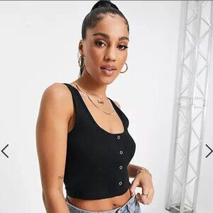 Womens ASOS DESIGN snap front crop ribbed tank top in black Size UK 8 US 4 Small